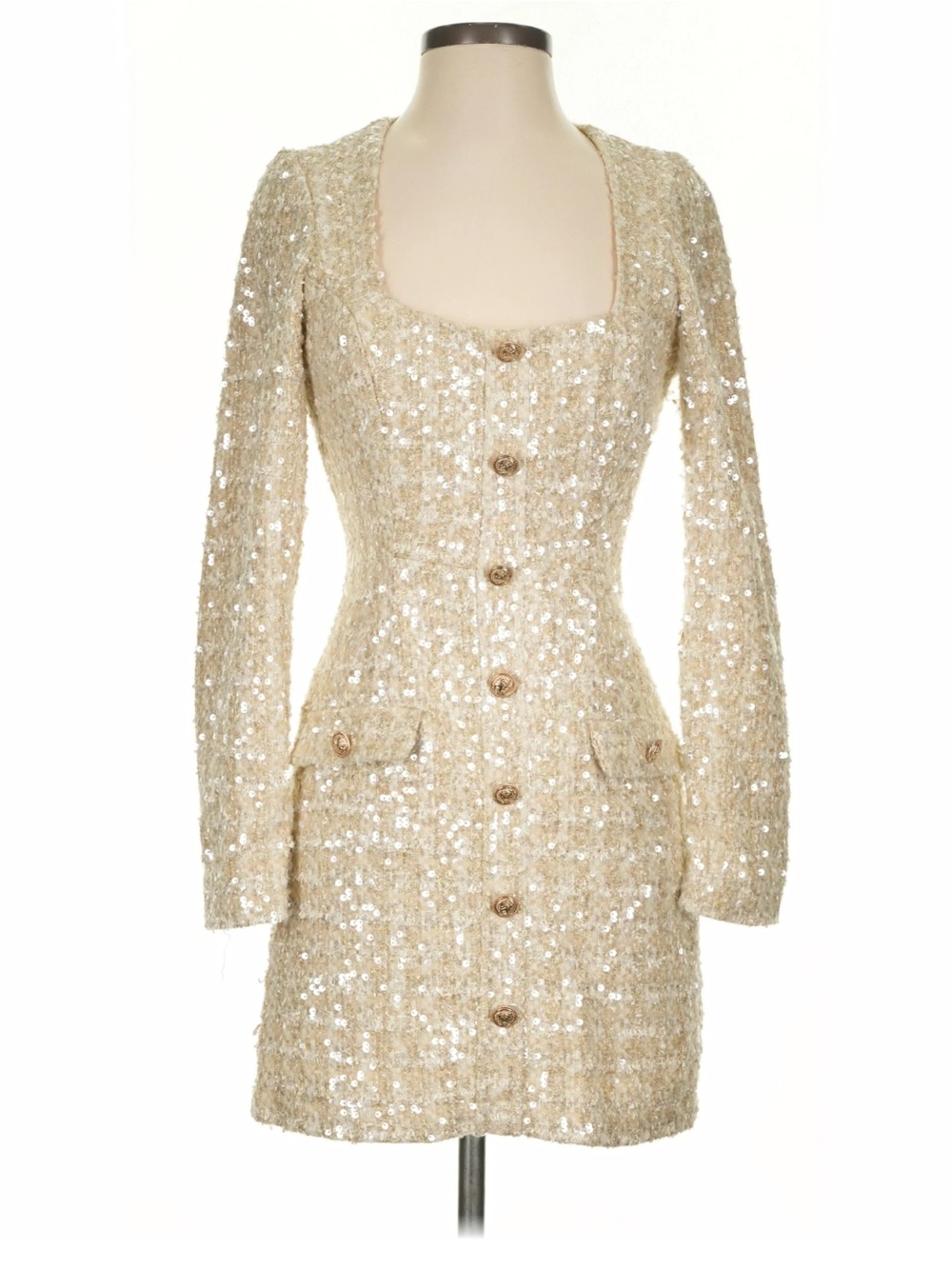 Gianni Bini Novelty Sequin Tweed Scoop Neck Long Sleeve Sheath Dress